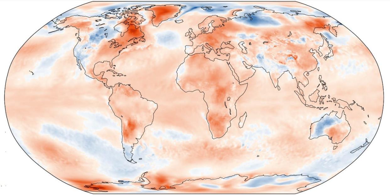 A world map shows temperature anomalies for March 2024. Red and orange areas indicate warmer-than-average temperatures.