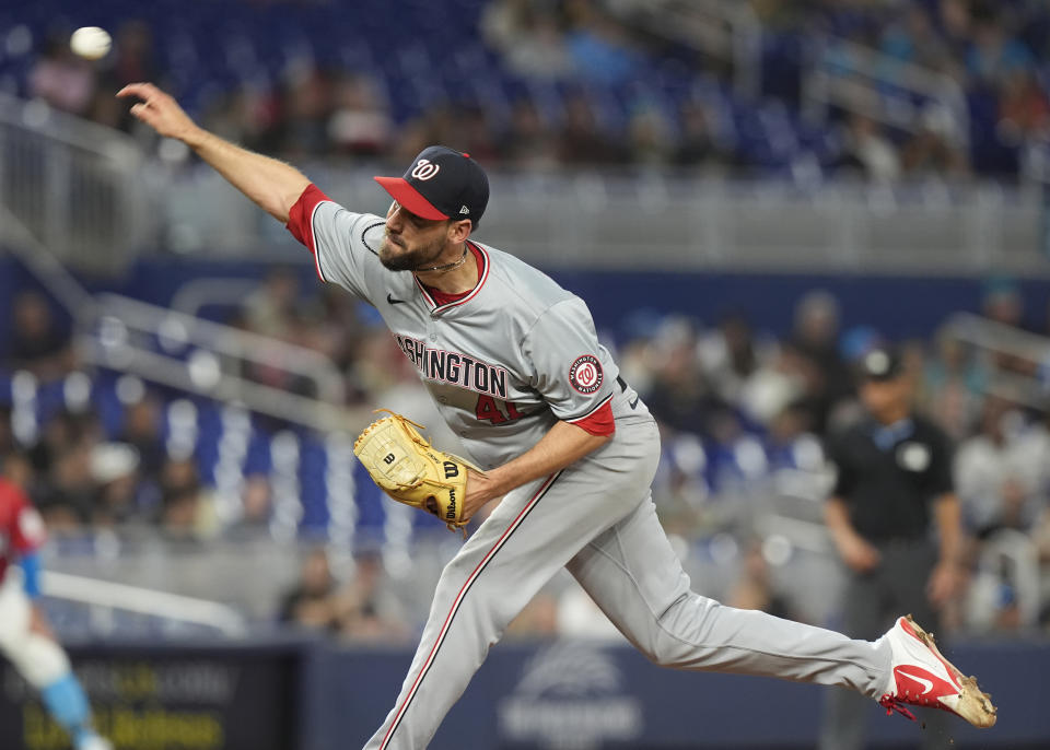 Washington Nationals pitcher Matt Barnes throws during the eighth inning of a baseball game against the Miami Marlins, Saturday, April 27, 2024, in Miami. The Nationals won 11-4. (AP Photo/Marta Lavandier)