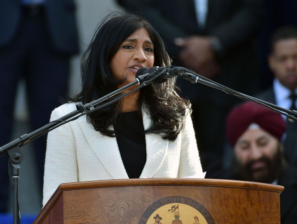 In this file photo, Maryland Lieutenant Governor Aruna Miller speaks after she was sworn in at the State House in Annapolis on Jan 18, 2023.