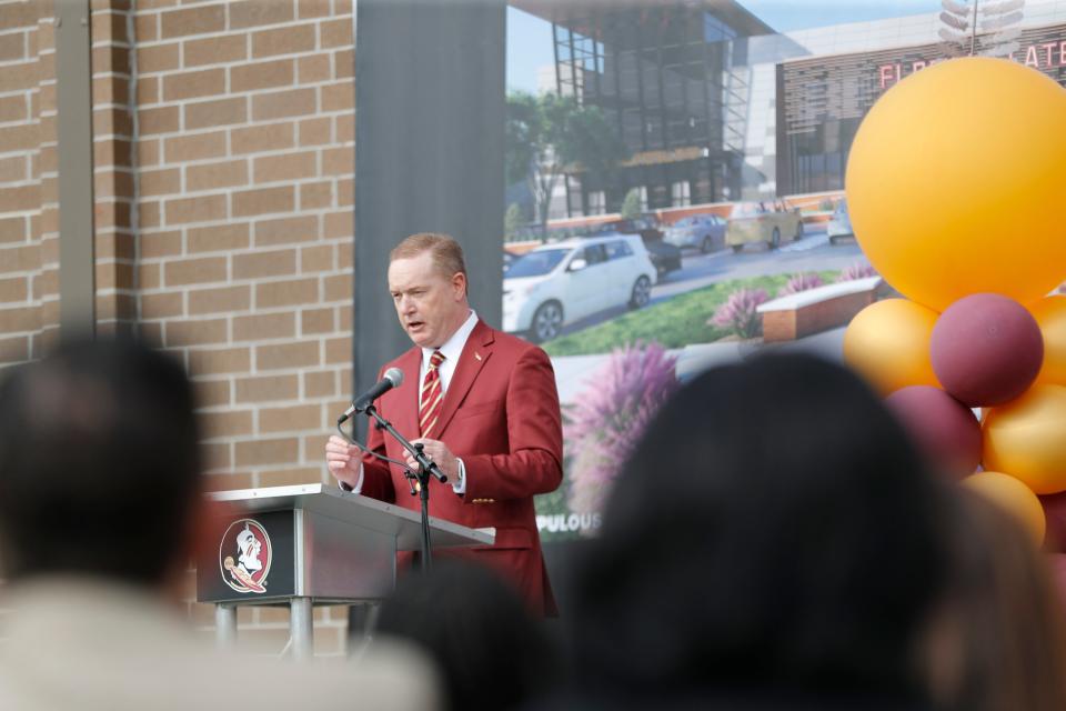 Florida State University Athletic Director Michael Alford speaks during a groundbreaking ceremony for the Albert J. and Judith A. Dunlap Football Center on Saturday, Dec. 17, 2022. 