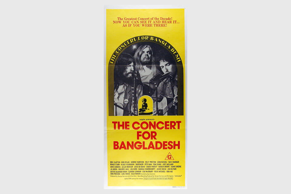 <div class="cell medium-auto caption">The original poster for Harrison’s Concert for Bangladesh</div> <div class="cell medium-shrink medium-text-right credit">Getty</div>