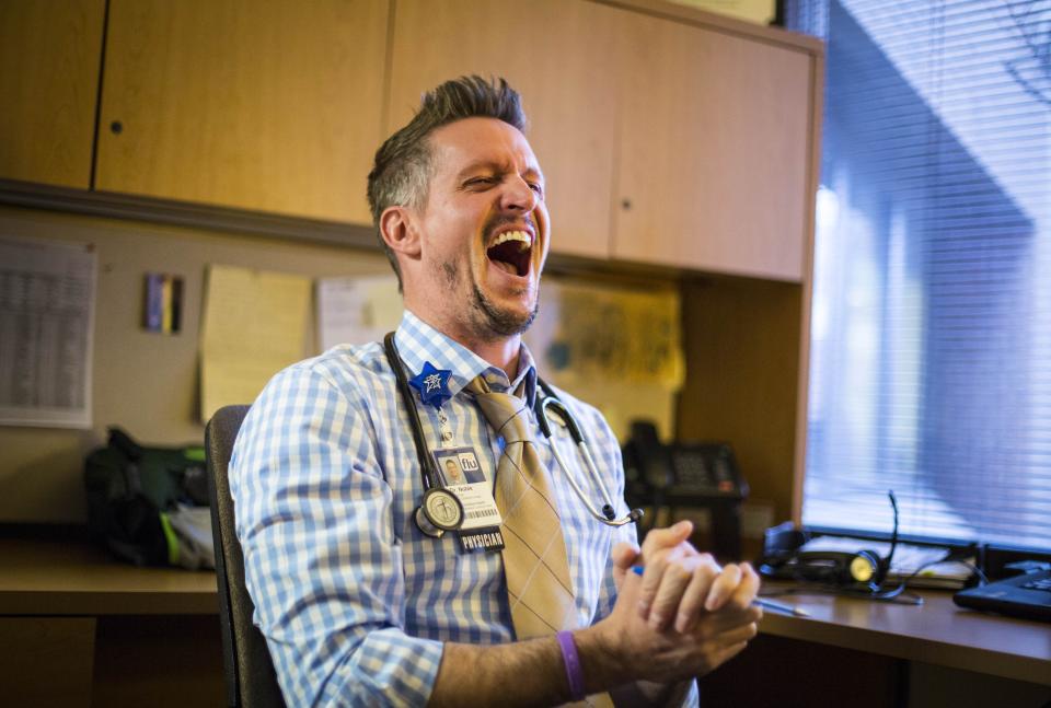 Dr. Nate Noble laughs during an interview with reporters in 2014 at Blank Children's Hospital.