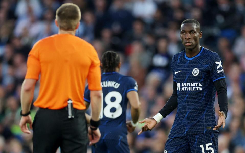 Chelsea's Nicolas Jackson remonstrates with referee Michael Salisbury