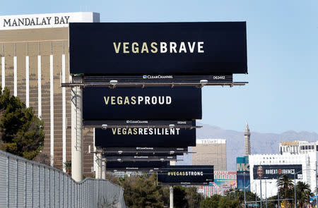 Billboards are shown on Las Vegas Boulevard South near the "Welcome to Las Vegas" sign in Las Vegas, Nevada U.S. October 9, 2017. REUTERS/Las Vegas Sun/Steve Marcus