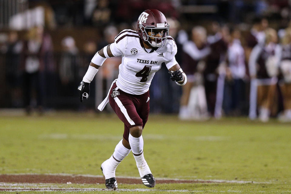 STARKVILLE, MS - OCTOBER 27:  Derrick Tucker #4 of the Texas A&M Aggies defends during a game against the Mississippi State Bulldogs at Davis Wade Stadium on October 27, 2018 in Starkville, Mississippi.  (Photo by Jonathan Bachman/Getty Images)