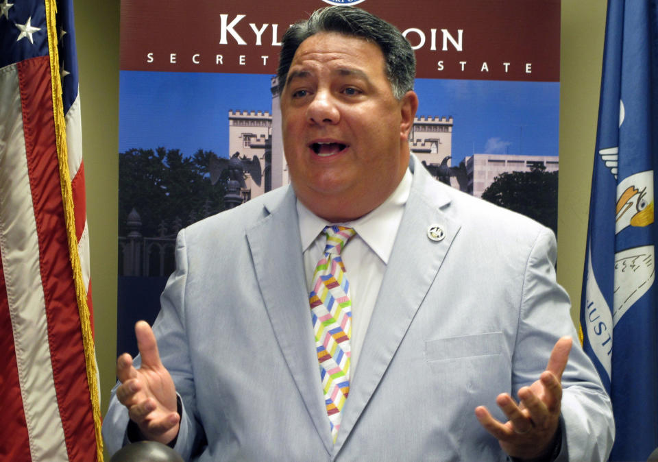 FILE - Interim Secretary of State Kyle Ardoin, R-Baton Rouge, talks to reporters on July 20, 2018, in Baton Rouge, La. Federal appeals court judges in New Orleans closely questioned voting rights advocates and attorneys for Louisiana Republican officials Friday, Oct. 6, 2023, on whether Louisiana must follow Alabama’s court-ordered path in drawing a new mostly Black congressional district — and how quickly that can and should ahead of next year’s elections. (AP Photo/Melinda Deslatte, File)