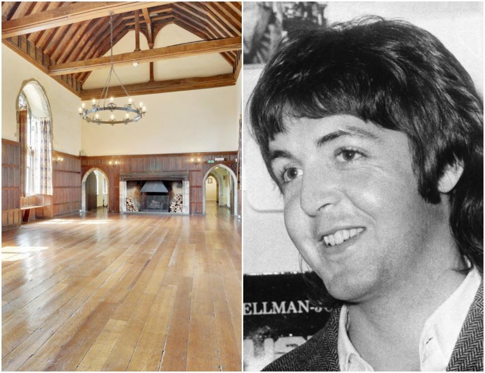 A side by side of the Grand Hall at Lympne Castle and a vintage black and white photograph of Sir Paul McCartney, famously part of The Beatles.