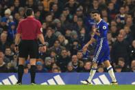 <p>Diego Costa remonstrates with the referee </p>