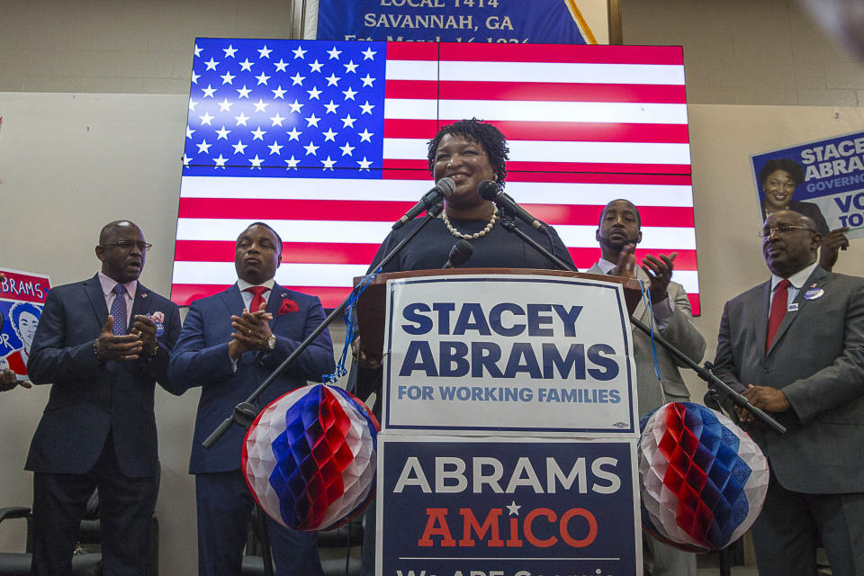 Georgia Democratic gubernatorial candidate Stacey Abrams speaks at the Longshoremen Union Hall during a "Get Out The Vote" rally in Savannah, Ga., Monday, Nov. 5, 2018. (Alyssa Pointer/Atlanta Journal-Constitution via AP)