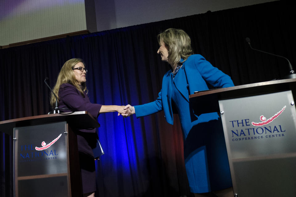 Democratic state Sen. Jennifer Wexton and incumbent Rep. Barbara Comstock, R-Va., shake hands after a debate on Sept. 21, 2018, in Leesburg, Va. (Photo: Pete Marovich for the Washington Post via Getty Images)