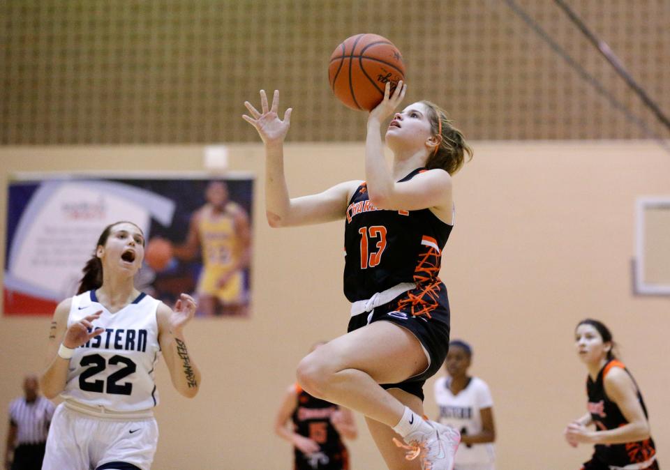 Charlotte's Cassie Butler, right, goes up for a shot against Lansing Eastern's Jaedyn Bishop (22), Tuesday, Nov. 30, 2021, in Lansing, Mich. Charlotte won 53-13.