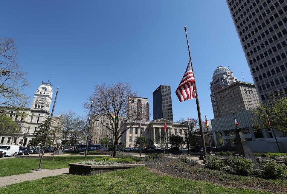 The American flag was flown at half staff at Jefferson Square Park in downtown Louisville, Ky. on Apr. 11, 2023 to honor the victims of the mass shooting at the Old National Bank yesterday.  Gov. Andy Beshear ordered flags to be lowered to that level this week.  