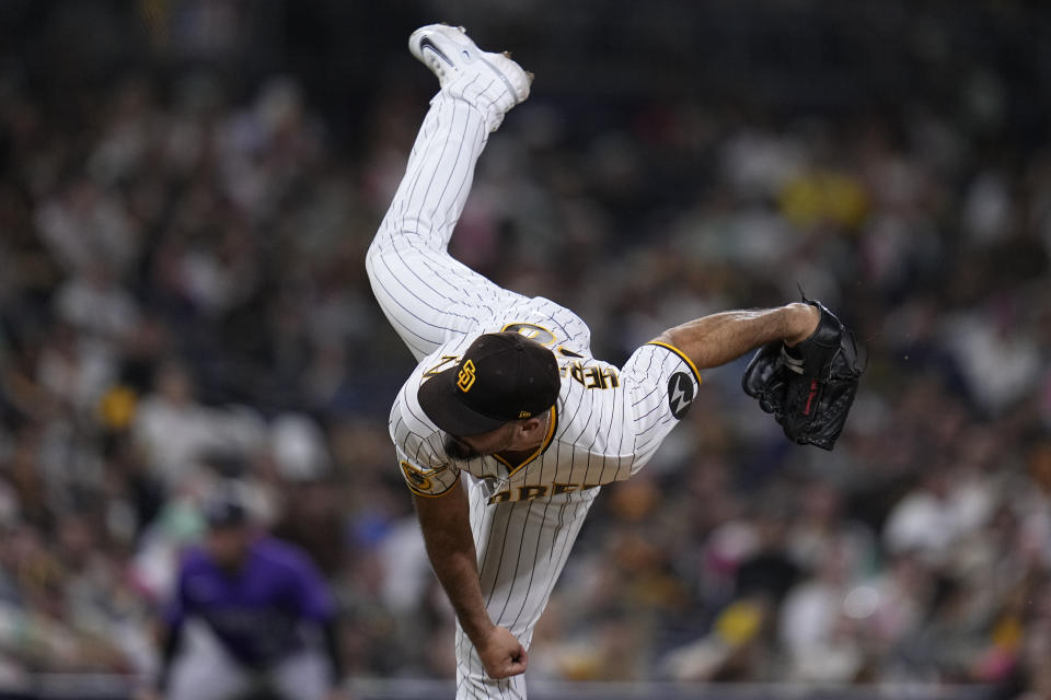 San Diego Padres relief pitcher Nick Hernandez works against a Colorado Rockies batter during the sixth inning of a baseball game Monday, Sept. 18, 2023, in San Diego. (AP Photo/Gregory Bull)