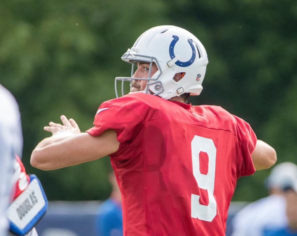 Colts quarterback Jacob Eason throws during practice on Wednesday.