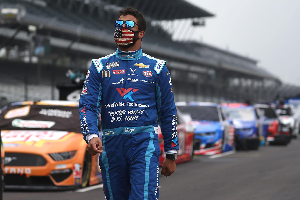 INDIANAPOLIS, INDIANA - JULY 05:  Bubba Wallace, driver of the #43 World Wide Technology Chevrolet, walks the grid prior to the NASCAR Cup Series Big Machine Hand Sanitizer 400 Powered by Big Machine Records at Indianapolis Motor Speedway on July 05, 2020 in Indianapolis, Indiana. (Photo by Chris Graythen/Getty Images)