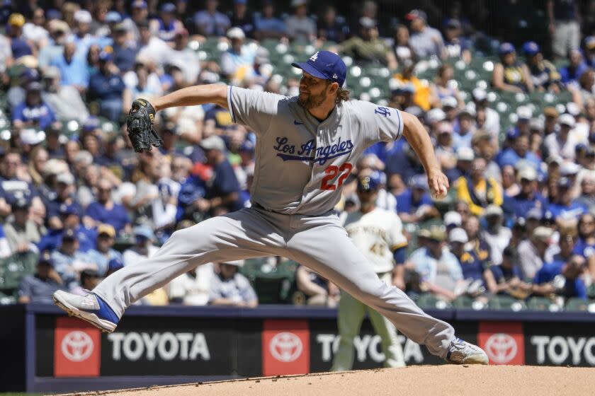 Los Angeles Dodgers starting pitcher Clayton Kershaw throws during the first inning of a baseball game against the Milwaukee Brewers Wednesday, May 10, 2023, in Milwaukee. (AP Photo/Morry Gash)