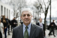 Former Penn State president Graham Spanier walks from the Dauphin County Courthouse in Harrisburg, Pa., Friday, March 24, 2017. Spanier was convicted Friday of hushing up suspected child sex abuse in 2001 by Jerry Sandusky, whose arrest a decade later blew up into a major scandal for the university and led to the firing of beloved football coach Joe Paterno. (AP Photo/Matt Rourke)