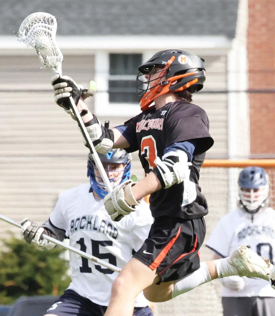 Middleboro's Brandin Youngclaus catches the pass during a game versus Rockland on Wednesday, April  27, 2022.  