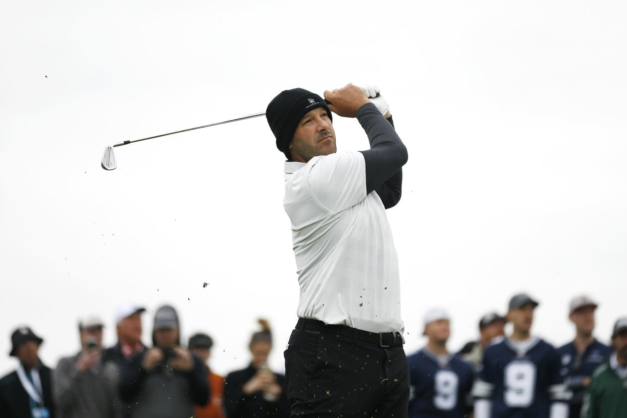 DALLAS, TEXAS - MAY 10: Former NFL Player and amateur Tony Romo of the United States plays his shot from the 12th tee during the second round of the AT&T Byron Nelson at Trinity Forest Golf Club on May 10, 2019 in Dallas, Texas. (Photo by Michael Reaves/Getty Images)