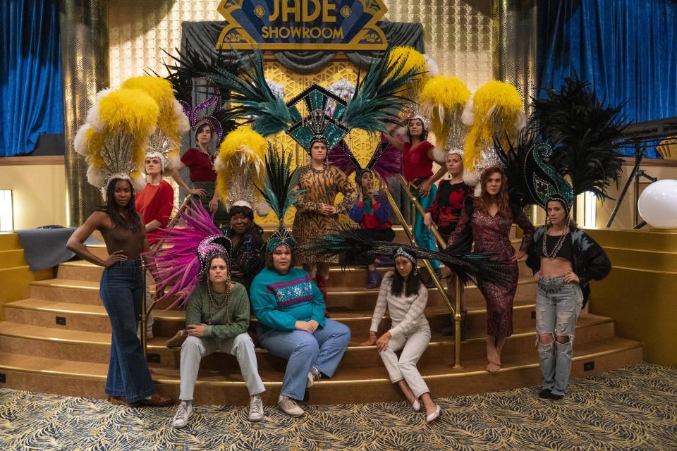 "It wouldn’t be Vegas without Bob Mackie! We had the honor of renting the spectacular Jubilee Costumes. This photo really shows the grit of the GLOW girls mixed with the glitz of Vegas," says Beth Morgan, GLOW's costume designer.