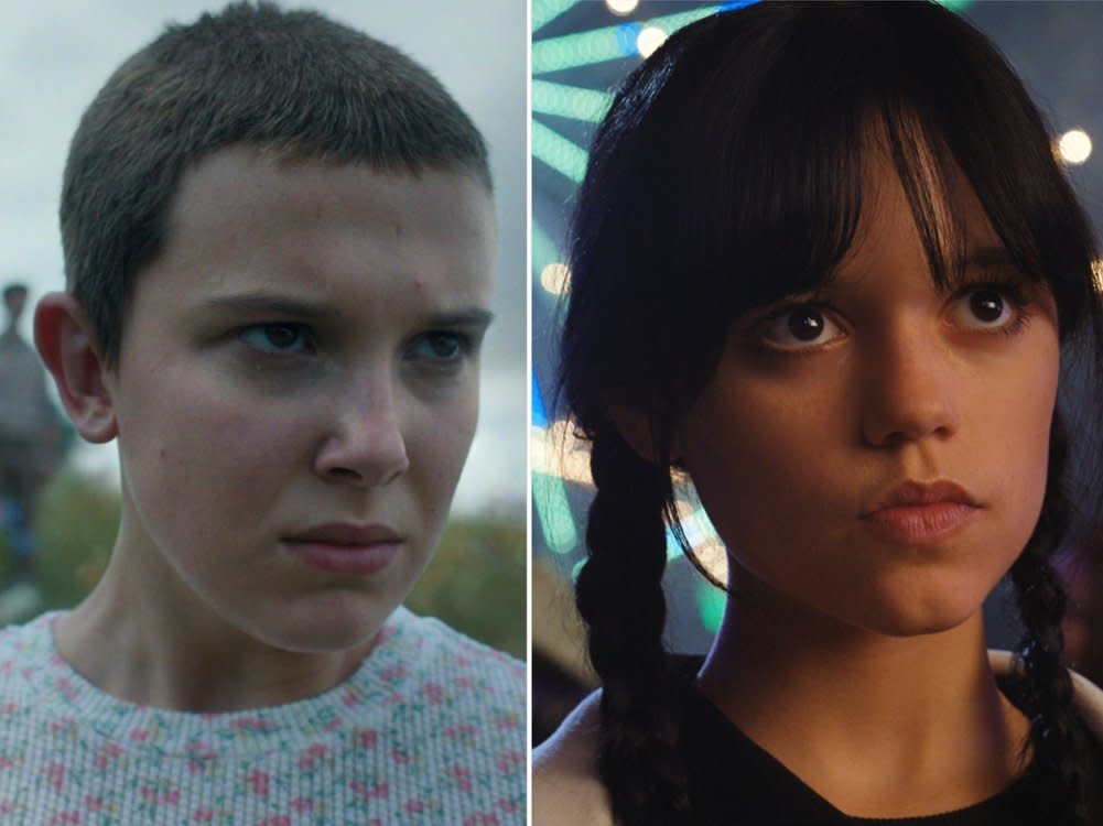 Millie Bobby Brown (li.) und Jenna Ortega sorgten mit ihren starken Auftritten in ihren Serien "Stranger Things 4" und "Wednesday" für weltweite Hypes. (Bild: © 2022 Netflix, Inc. / Netflix, Inc.)