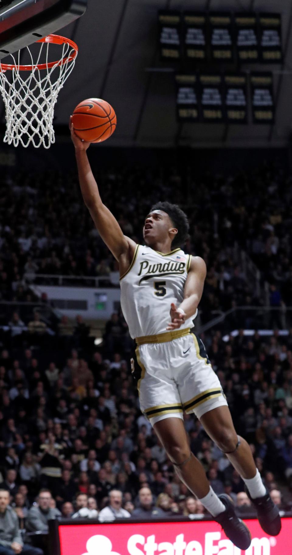 Purdue Boilermakers guard Myles Colvin (5) shoots the ball during the NCAA men’s basketball game against the Penn State Nittany Lions, Saturday, Jan. 13, 2024, at Mackey Arena in West Lafayette, Ind.