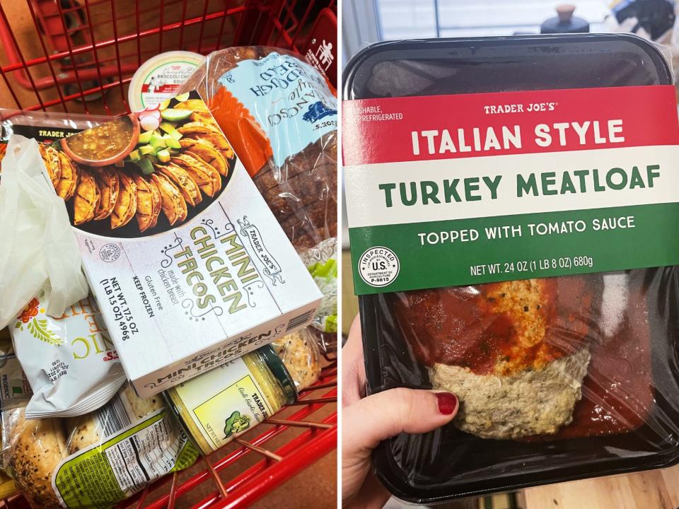 trader joes cart filled with food and trader joes italian style turkey meatloaf