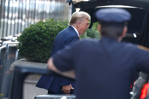 NEW YORK, NEW YORK – APRIL 15: Former President Donald Trump departs Trump Tower en-route to Manhattan Criminal Court on April 15, 2024 in New York City. Jury selections are set to begin in the former president’s criminal trial. Trump faces 34 felony counts of falsifying business records in the first of his criminal cases to go to trial. This is the first-ever criminal trial against a former president of the United States. (Photo by Michael M. Santiago/Getty Images)