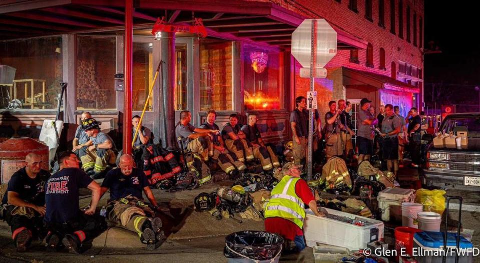 Dozens of firefighters from Fort Worth and surrounding cities battled a blaze at the Cantina Cadillac bar in the Fort Worth Stockyards on Saturday night, Aug. 5, 2023. Glen Ellman/Fort Worth Fire Department