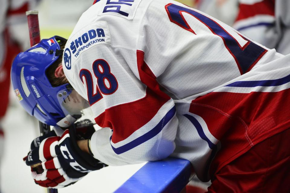 Czech Republic's Martin Prochazka is dejected after loosing, in the World Junior Hockey Championships quarterfinal match between Finland and Czech Republic at the Malmo Arena in Malmo, Sweden on Thursday, Jan. 2, 2014. (AP photo / TT News Agency / Ludvig Thunman) SWEDEN OUT