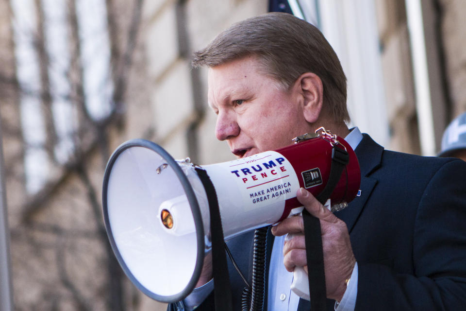 FILE - Former Nevada Assemblyman Jim Marchant addresses a crowd in front of the Nevada Capitol, Thursday March 4, 2021, in Carson, City, Nev., where the Nevada GOP delivered what they described as 120,000 "election integrity violations reports" alleging widespread voter fraud during the 2020 election. Of the seven Republicans running to oversee elections in this political battleground state, Marchant stands out for his full-throated embrace of conspiracy theories and lies about the 2020 election and his promises to toss out voting machines. (Ricardo Torres-Cortez/Las Vegas Sun via AP, File)