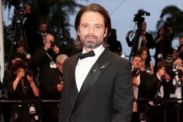 <p>Gisela Schober/Getty </p> Sebastian Stan promotes 'The Apprentice' at Cannes