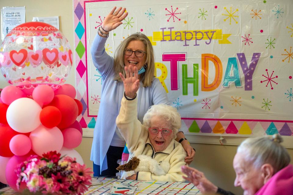 Agnes DeCenzo hams it up with her daughter, Joanna Renzi-Ramey, during DeCenzo's 105th birthday party at Waterview Lodge Rehabilitation & Healthcare in Ashland, Feb. 15, 2023.