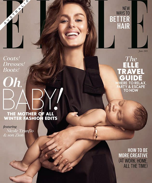 The newsstand copy with Nicole Trunfio and her son Zion on the cover of Elle Australia. (Photo: Elle Australia)