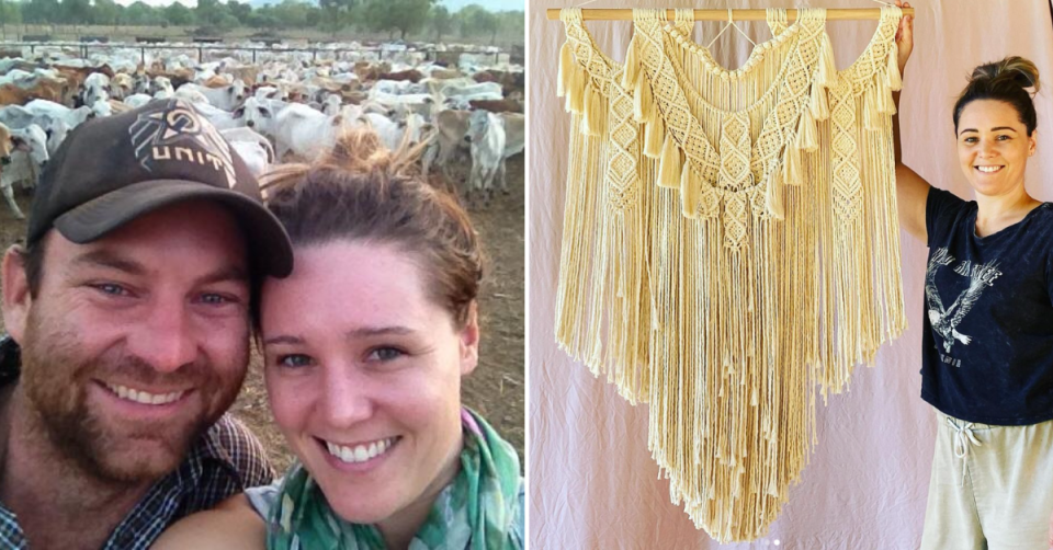 Sam Alford and Jodie Byrne with livestock. Right, Jodie with her macrame homewares products. Photo: Facebook/Instagram