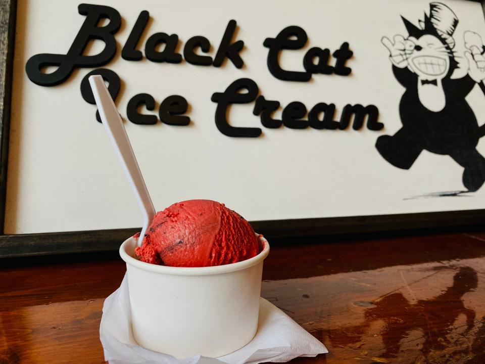 A red velvet and Oreo cookies ice cream at Black Cat Ice Cream in Des Moines.