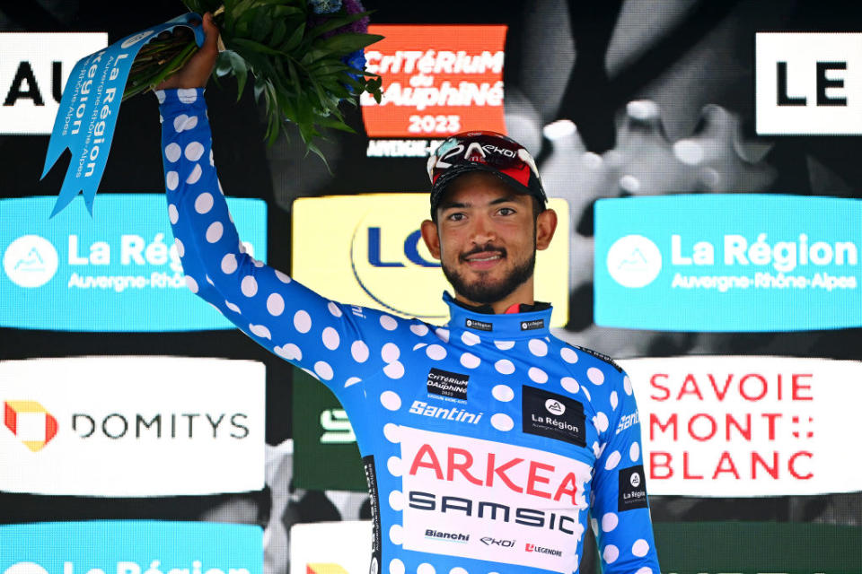 LE COTEAU FRANCE  JUNE 06 Donavan Grondin of France and Team Arka Samsic celebrates at podium as Polka dot Mountain Jersey winner during the 75th Criterium du Dauphine 2023 Stage 3 a 1941km stage from MonistrolsurLoire to Le Coteau  UCIWT  on June 06 2023 in Le Coteau France Photo by Dario BelingheriGetty Images