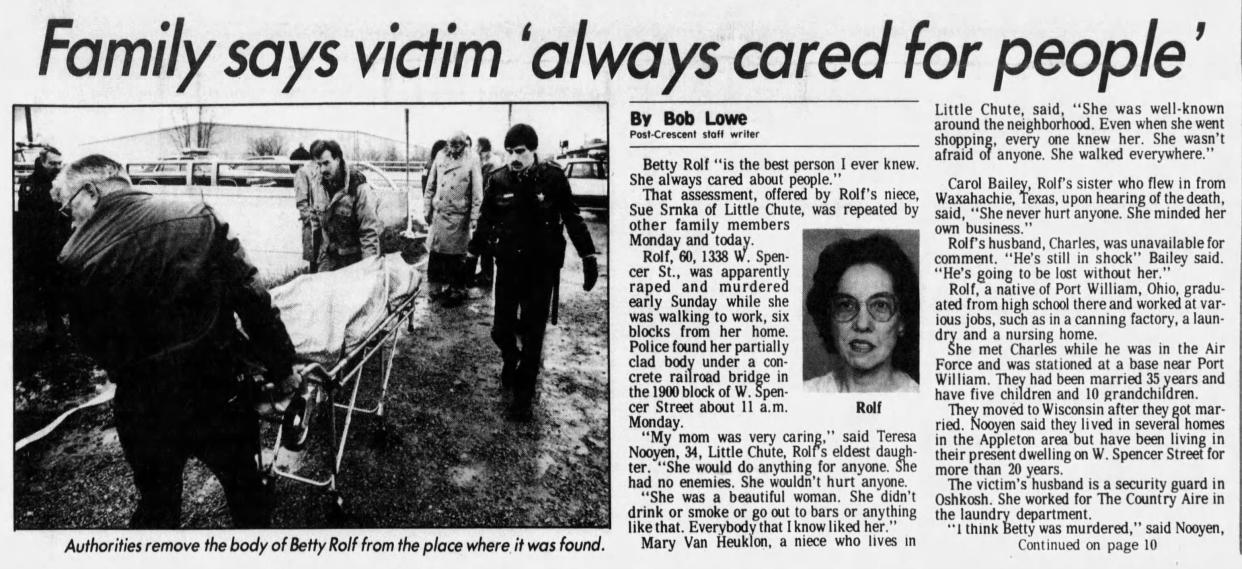 A scan of the Nov. 8, 1988, edition of The Post-Crescent detailing the discovery of Betty Rolf's body on Nov. 7 that year.