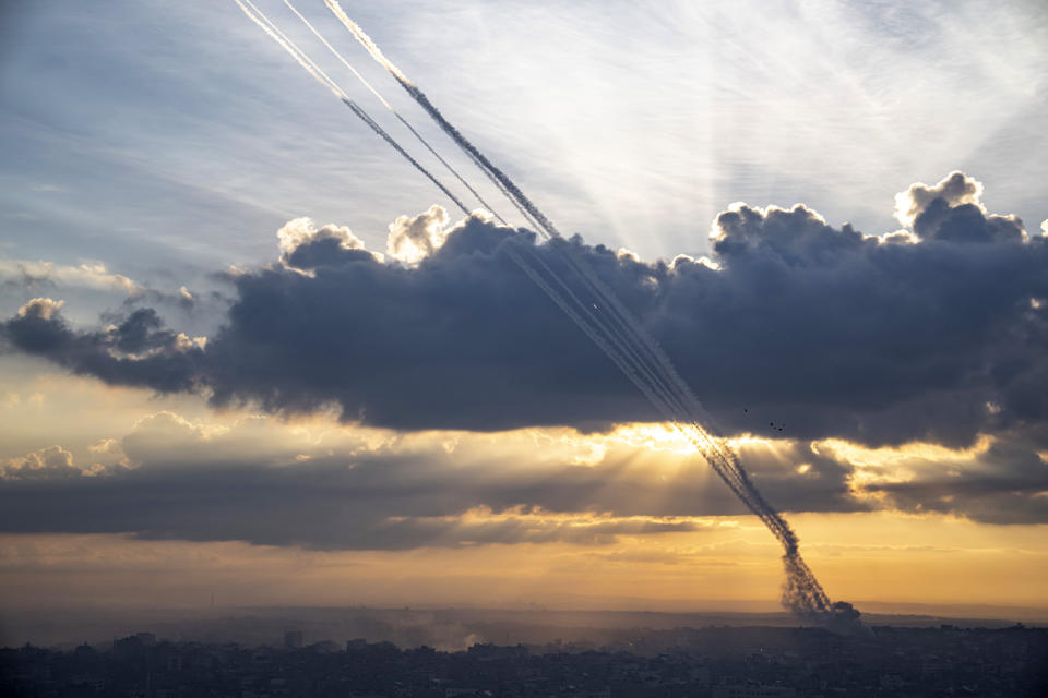 FILE - Rockets are fired toward Israel from Gaza, Saturday, Oct. 7, 2023. (AP Photo/Fatima Shbair, File)