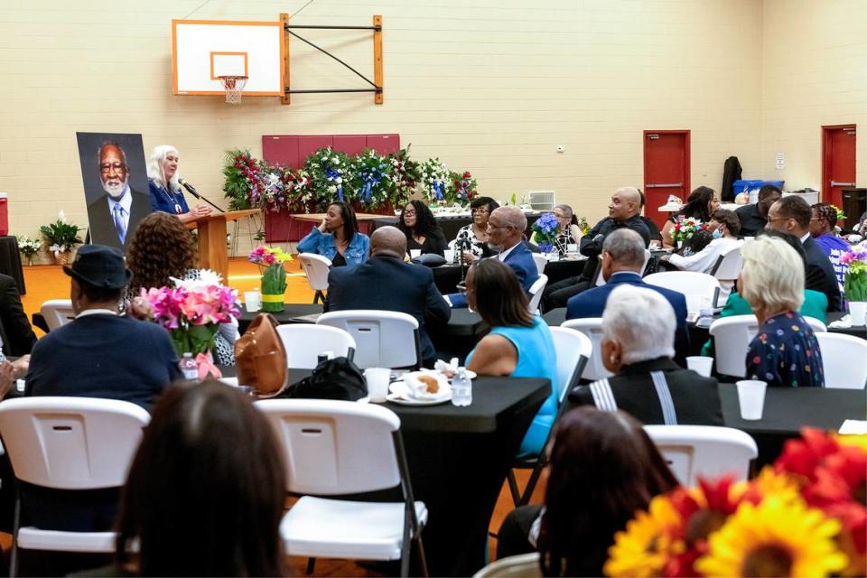 People gather Thursday afternoon to pay tribute to Columbus Councilor Jerry “Pops” Barnes during a memorial service held at Revelation Missionary Baptist Church in Columbus, Georgia. 04/25/2025