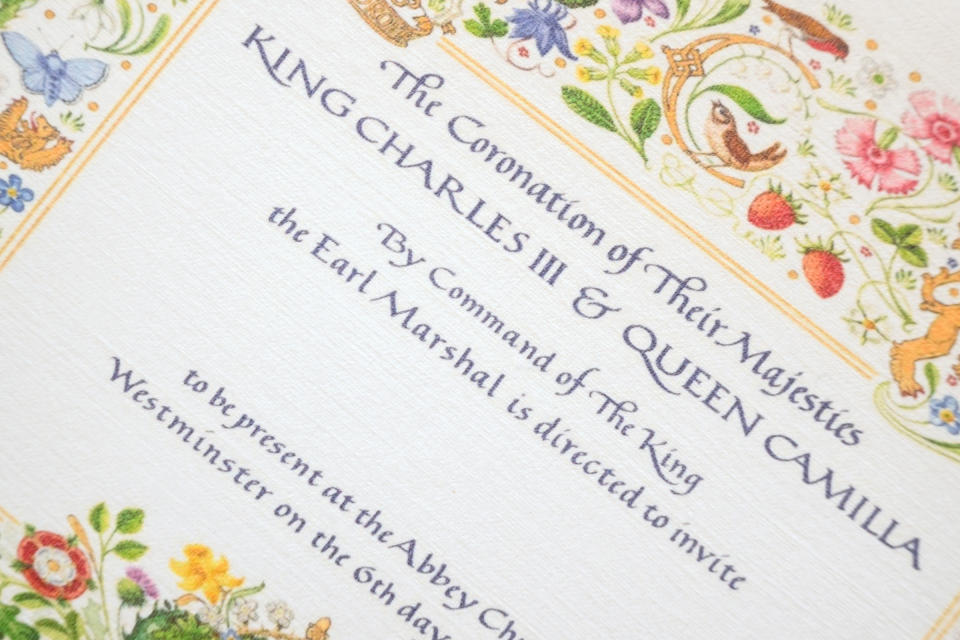 A souvenir replica invitation marking the Coronation of King Charles III.<span class="copyright">Leon Neal—Getty Images</span>