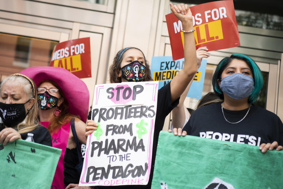 UNITED STATES - SEPTEMBER 21: Demonstrators rally in front of PhRMAs Washington office to to protest high prescription drug prices on Tuesday, September 21, 2021. Sen. Bernie Sanders, I-Vt., spoke at the rally. (Photo By Tom Williams/CQ-Roll Call, Inc via Getty Images)