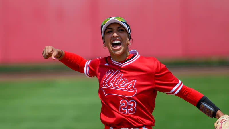 Utah infielder Aliya Belarde (23) celebrates an out during an NCAA softball game on Saturday, May 20, 2023 in Salt Lake City, Utah. The Utes advanced to their second consecutive Pac-12 championship game Friday night.