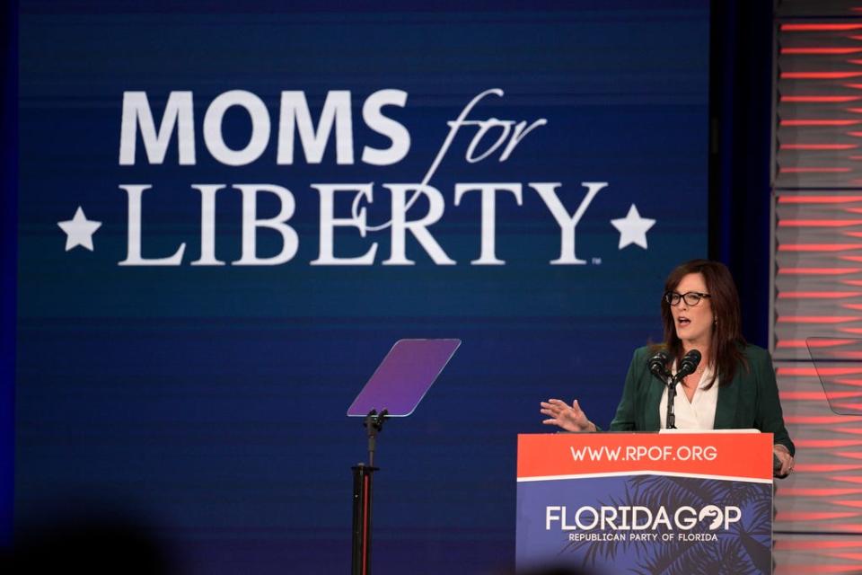 Moms for Liberty founder Tiffany Justice speaks at the Florida Freedom Summit on Nov. 4, 2023, in Kissimmee, Fla.