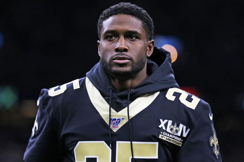 Reggie Bush, former New Orleans Saints running back, reacts during a game against the Indianapolis Colts at the Mercedes Benz Superdome on December 16, 2019 in New Orleans, Louisiana.