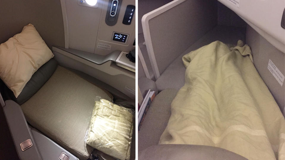 The seats turned into a flatbed for sleeping. Photo: Yahoo Lifestyle