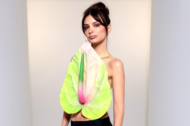 Emily Ratajkowski wears plant as a top at Paris Fashion Week