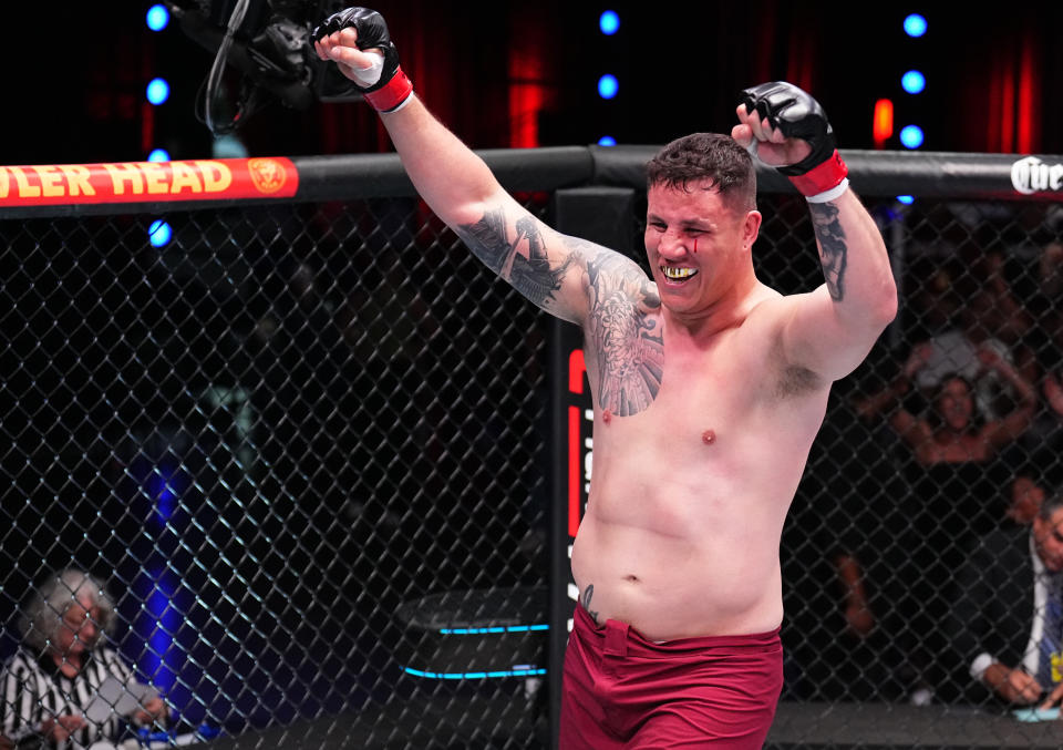 LAS VEGAS, NEVADA – SEPTEMBER 12: Jhonata Diniz of Brazil reacts after his knockout victory over Eduardo Neves of Brazil in a heavyweight fight during Dana White’s Contender Series season seven, week six at UFC APEX on September 12, 2023 in Las Vegas, Nevada. (Photo by Chris Unger/Zuffa LLC via Getty Images)