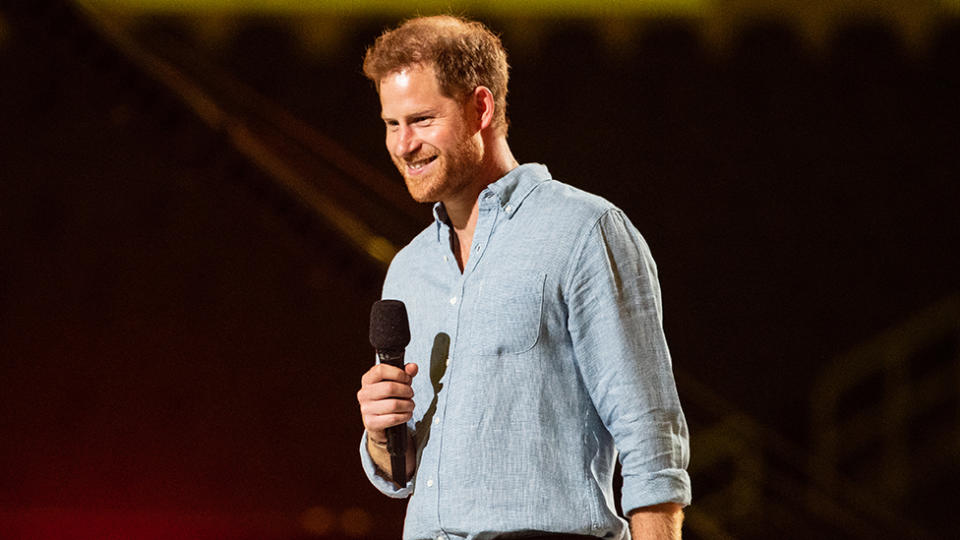 Prince Harry speaks at the Vax Live concert at SoFi Stadium