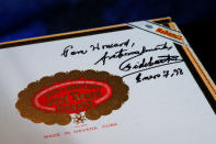 A box of cigars autographed by Fidel Castro is displayed by Julien's Auctions in New York City, U.S., December 1, 2016. REUTERS/Brendan McDermid